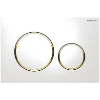 PLAQUE DE COMMANDE TOILETTE GEBERIT SIGMA 20 blanc or synthetique reserv. a encastrer 2 boutons de commande - anneau autour plaqué or