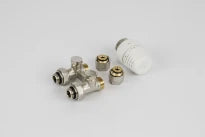 Begetube set de raccordement radiateurs 12 avec vanne en H pour alimentation au sol, tête thermostatique type 5000 et 2 raccords à compression pour tubes multichouches Eurocone x 16/2 mm