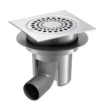 DELABIE Siphon sol dur 150x150 H. régl. sortie horizontale coude Ø50