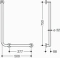 Hewi 900 L-barre de maintien coudée ,dr.,A1=750,W1= 500, Ø32/32,chromé
