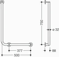 Hewi 900 L-barre de maintien coudée ,dr.,A1=750,W1= 500, Ø32/32,chromé
