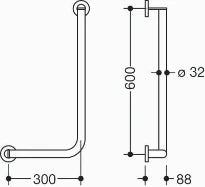 HEWI L-barre main.coudée ,ga.,A1=600,W1= 300,Ø32/32,brossée