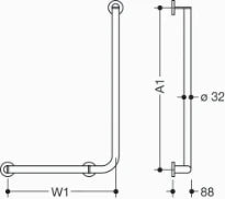 HEWI L-barre main.coudée ,ga.,A1/W1= variable,Ø32/32,brossée