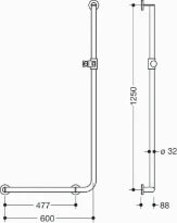 HEWI L-barre main.coudée.coul ,Ø32,A1= 1250,W1=600,ga,br, blanc de sécurité